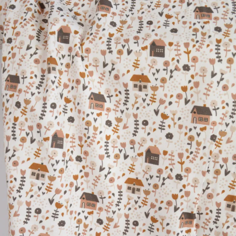 Tissu jersey petites maison et fleurs fond blanc cassé - OEKO TEX