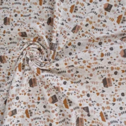 Tissu jersey petites maison et fleurs fond blanc cassé - OEKO TEX