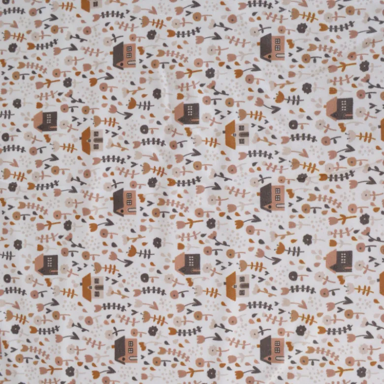Tissu jersey petites maison et fleurs fond blanc cassé - OEKO TEX