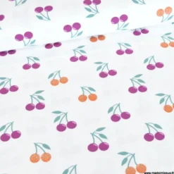 Tissu jersey Poppy motif cerises à paillettes fond blanc - OEKO TEX