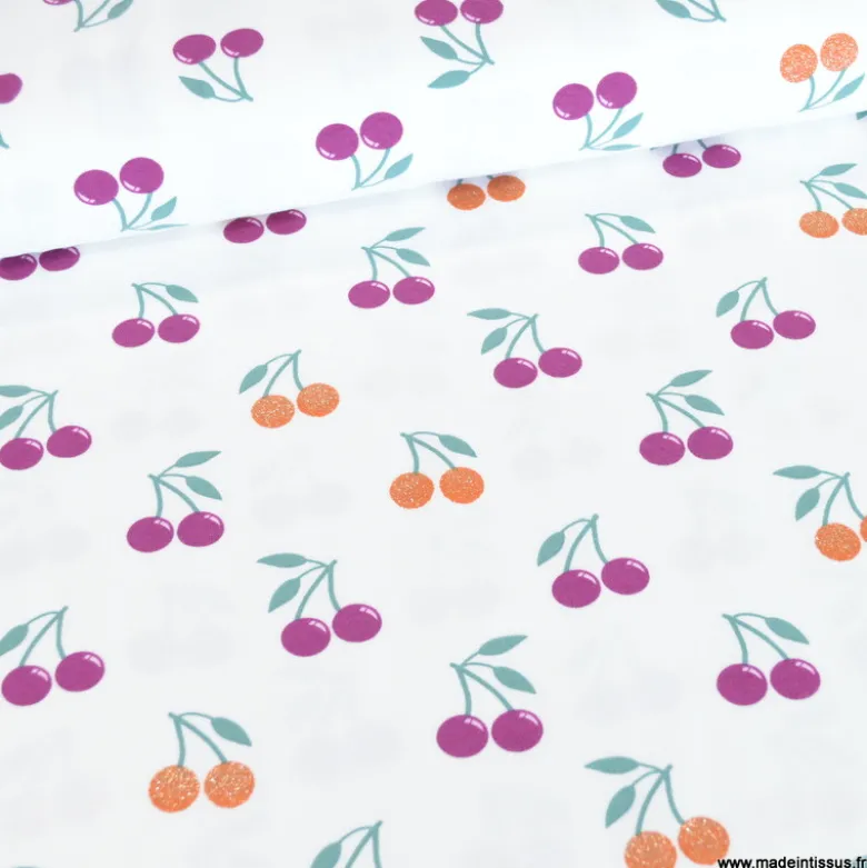 Tissu jersey Poppy motif cerises à paillettes fond blanc - OEKO TEX