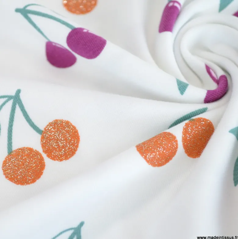 Tissu jersey Poppy motif cerises à paillettes fond blanc - OEKO TEX