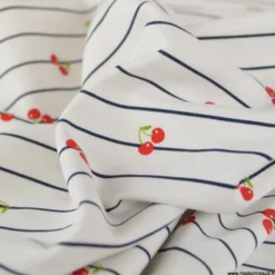 Tissu jersey à rayures bleues et cerises - OEKO TEX
