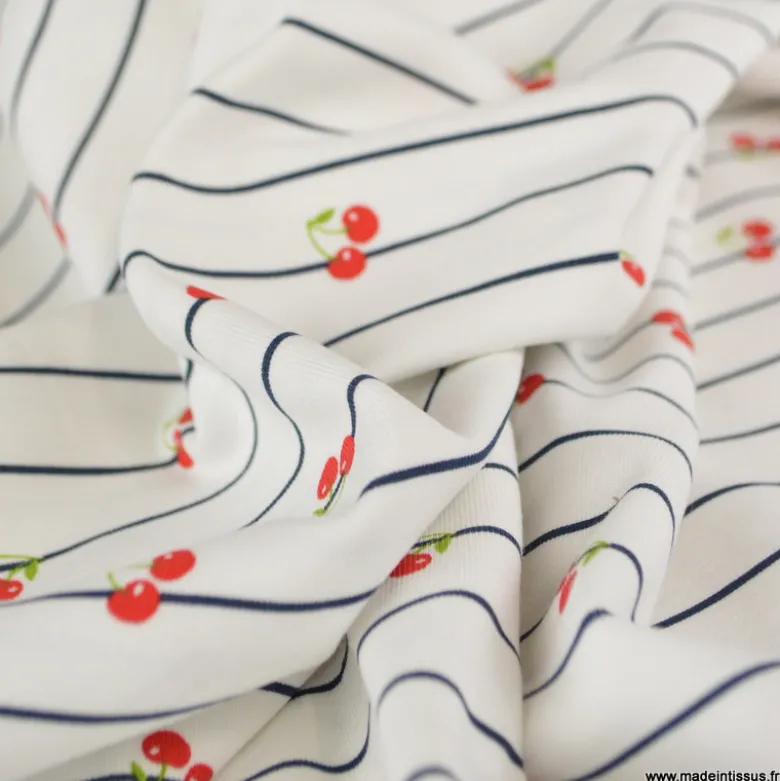 Tissu jersey à rayures bleues et cerises - OEKO TEX