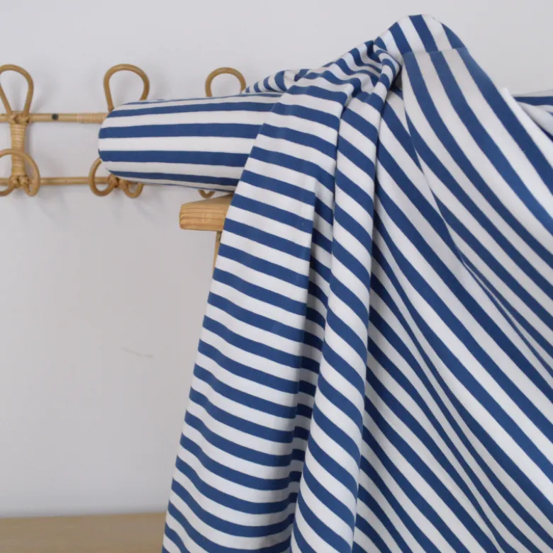 Tissu jersey à rayures larges type marinière Bleu Indigo et blanc - OEKO TEX