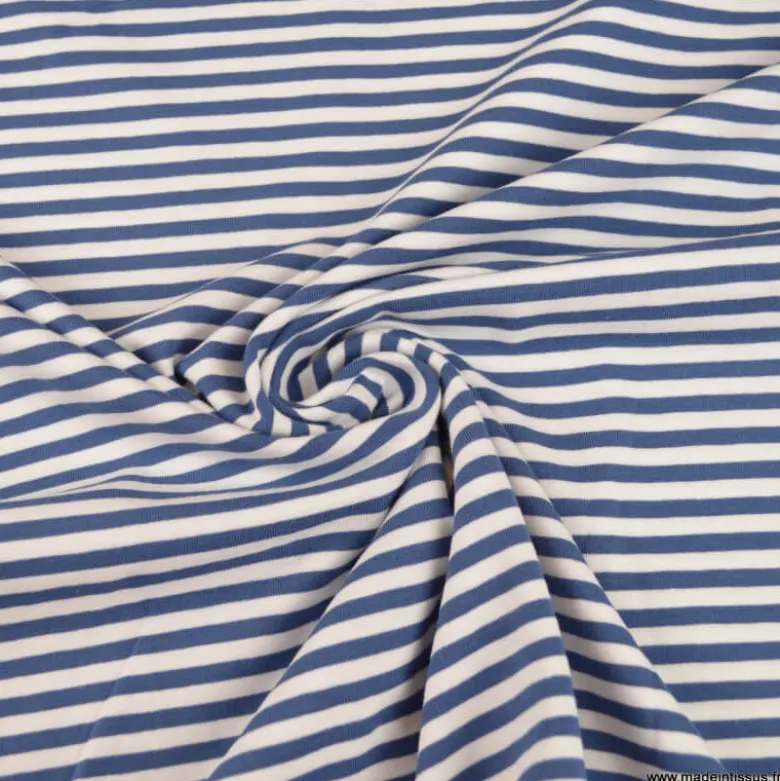Tissu jersey à rayurestype marinière Indigo et blanc - OEKO TEX