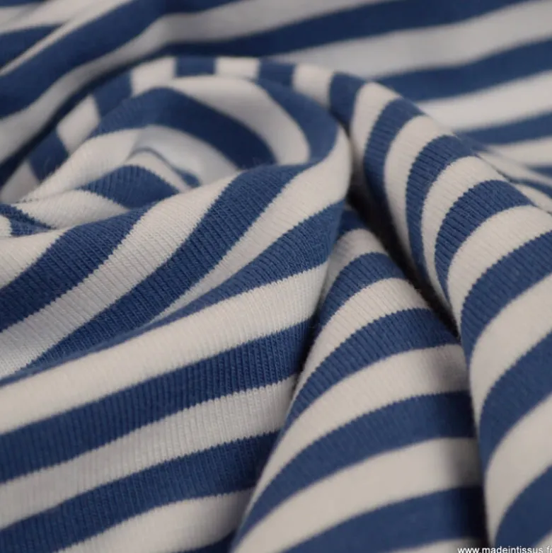 Tissu jersey à rayurestype marinière Indigo et blanc - OEKO TEX