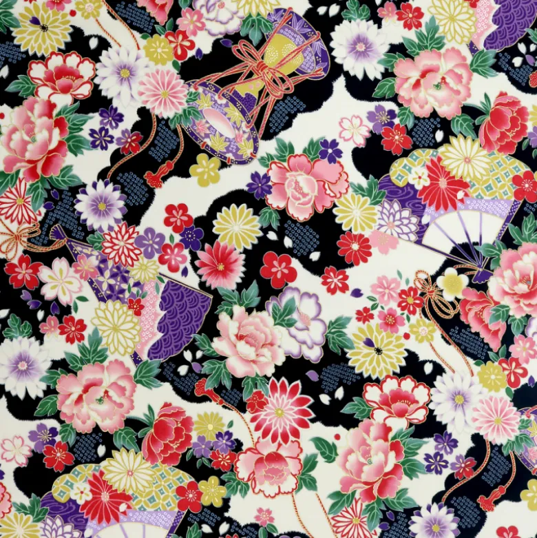Tissu Kokka fleurs et tambours traditionnelles fond Noir "Japanese Fan"