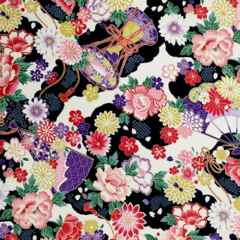 Tissu Kokka fleurs et tambours traditionnelles fond Noir "Japanese Fan"