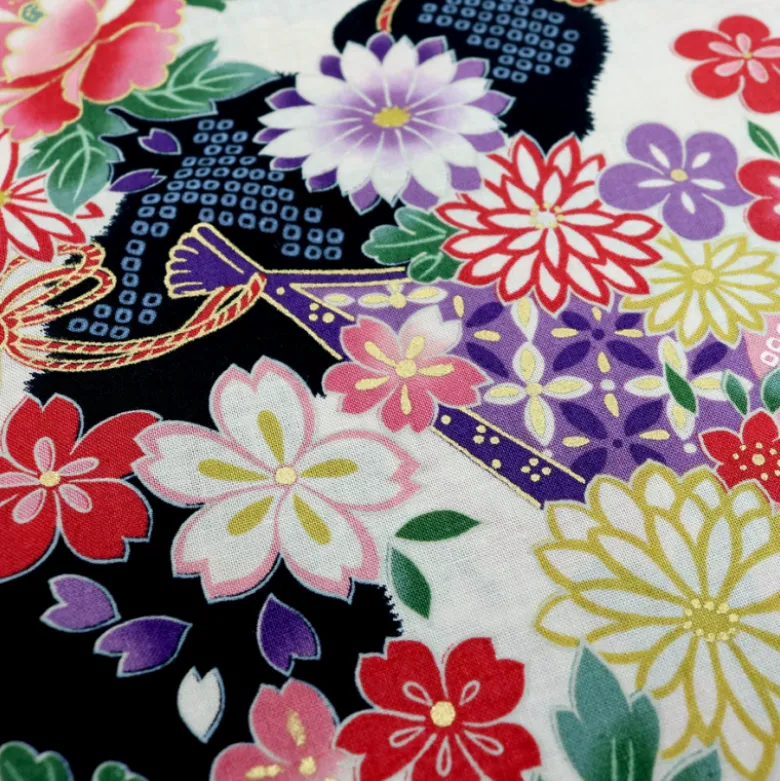 Tissu Kokka fleurs et tambours traditionnelles fond Noir "Japanese Fan"