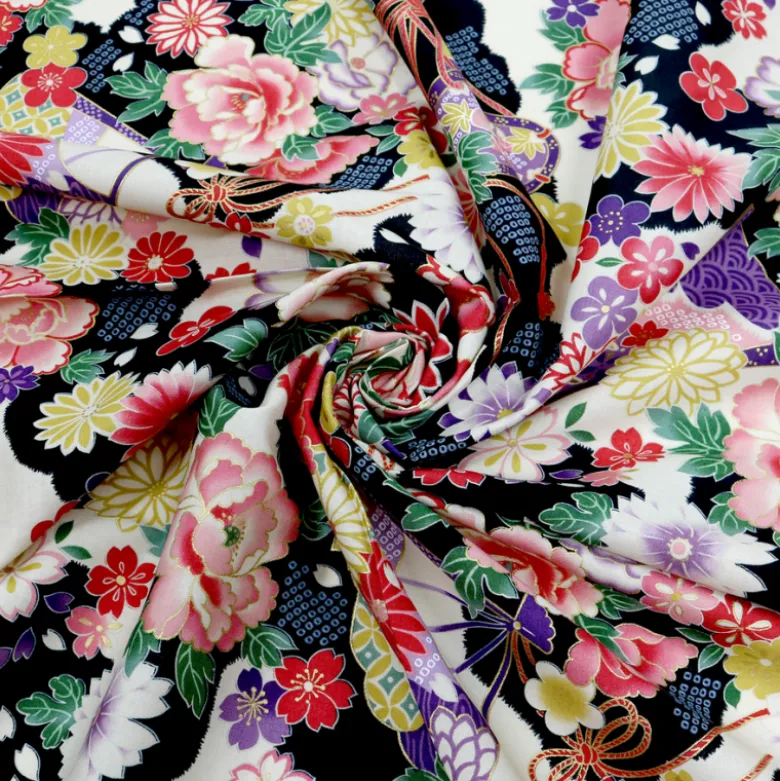 Tissu Kokka fleurs et tambours traditionnelles fond Noir "Japanese Fan"