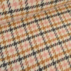 Tissu lainage pied de poule rose et camel fond écru