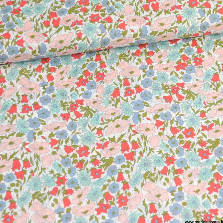 Tissu Liberty Poppy and Daisy Bleu, vert et rose - OEKO TEX