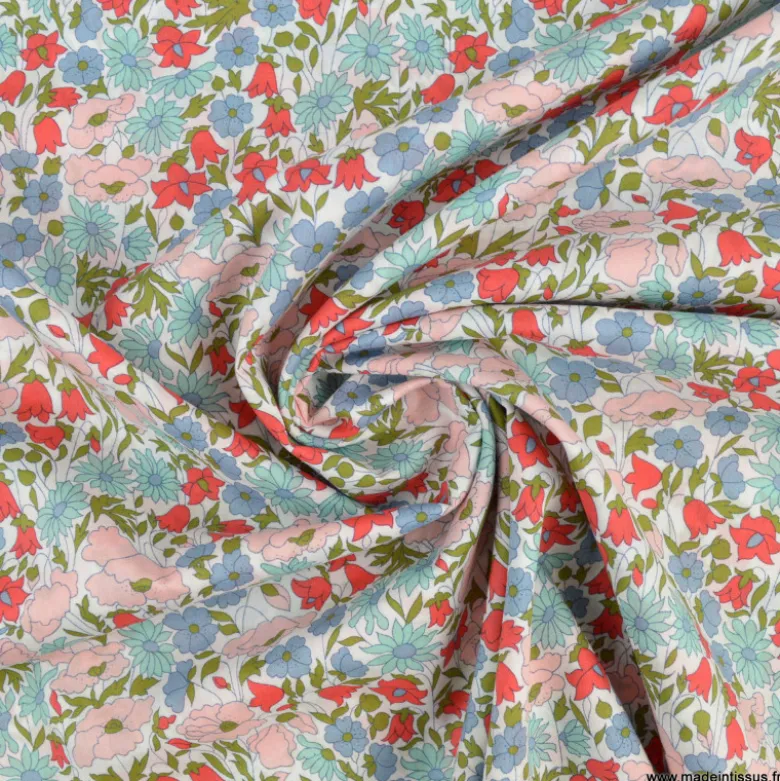 Tissu Liberty Poppy and Daisy Bleu, vert et rose - OEKO TEX