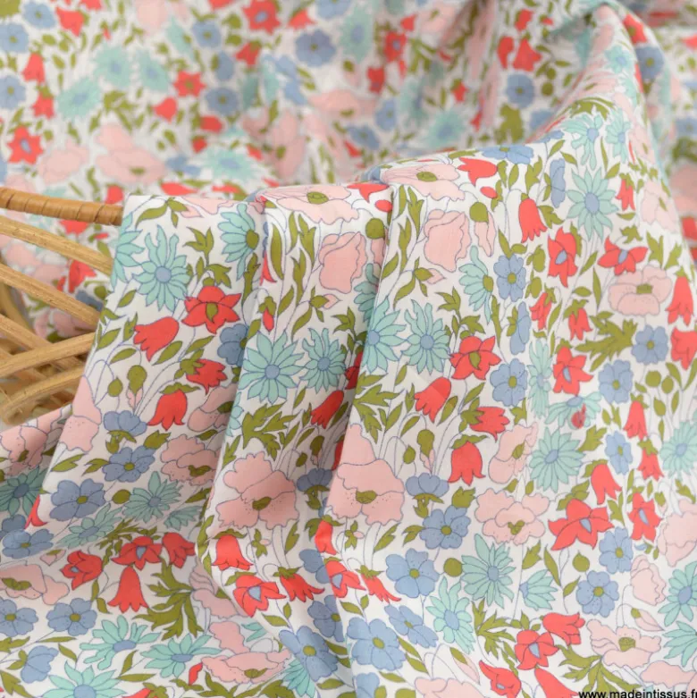 Tissu Liberty Poppy and Daisy Bleu, vert et rose - OEKO TEX
