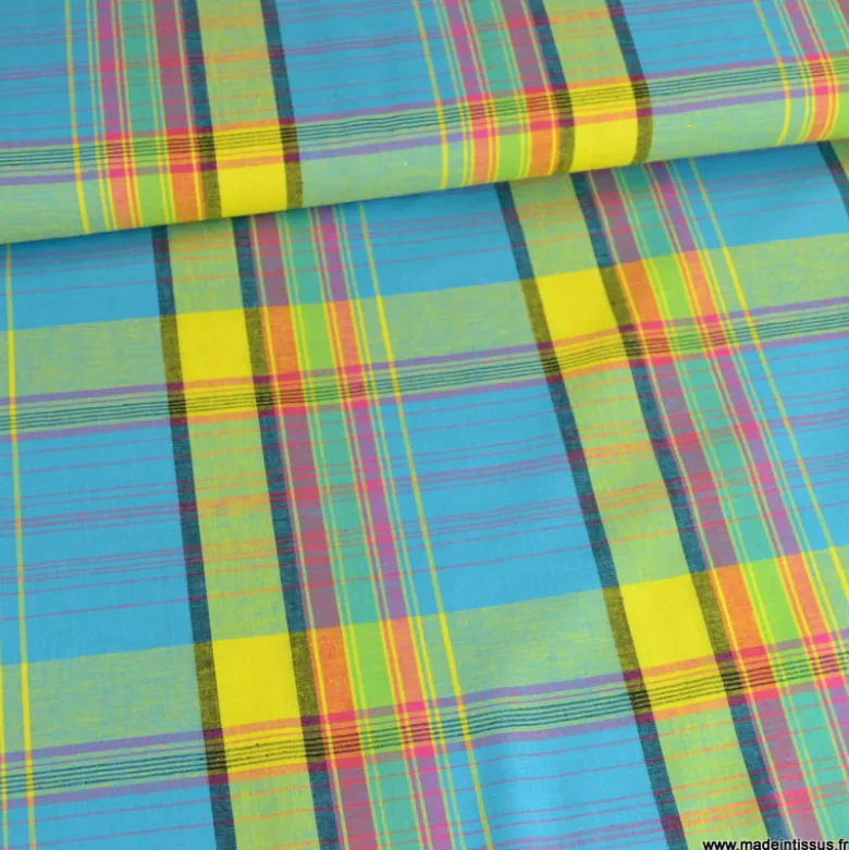 Tissu MADRAS coton Bleu et jaune
