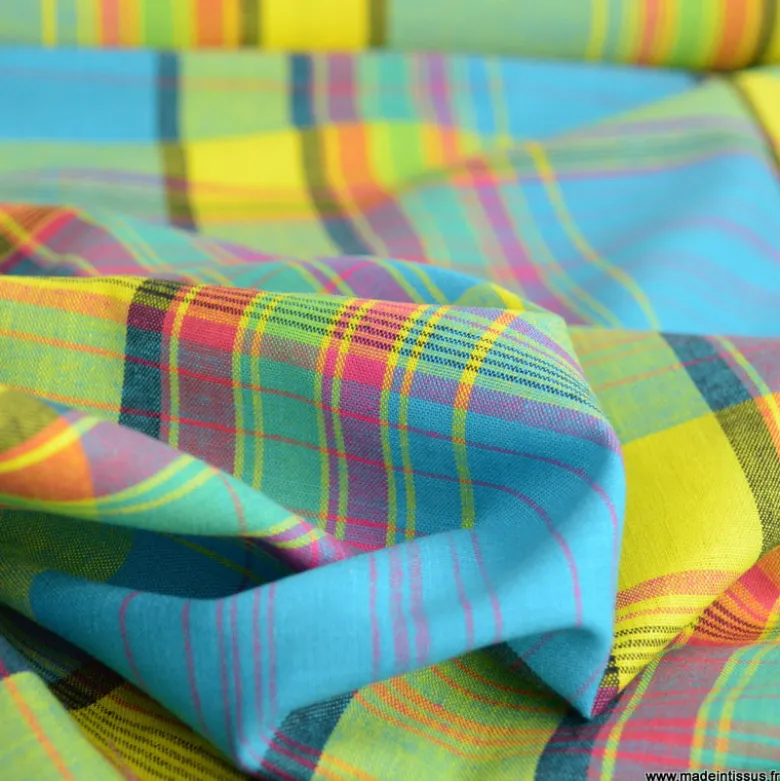 Tissu MADRAS coton Bleu et jaune