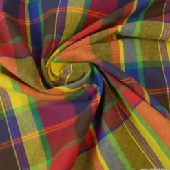 Tissu MADRAS coton jaune, orange et Bleu