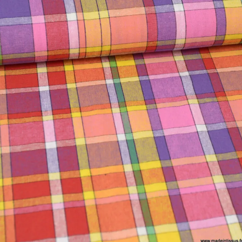 Tissu MADRAS coton Jaune, violet et rose