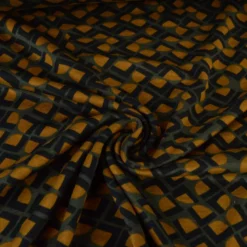 Tissu maille milano motif graphique ocre sur fond kaki - Oeko-Tex