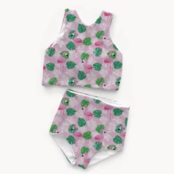Tissu maillot de bain - flamants roses et feuilles vertes - OEKO TEX