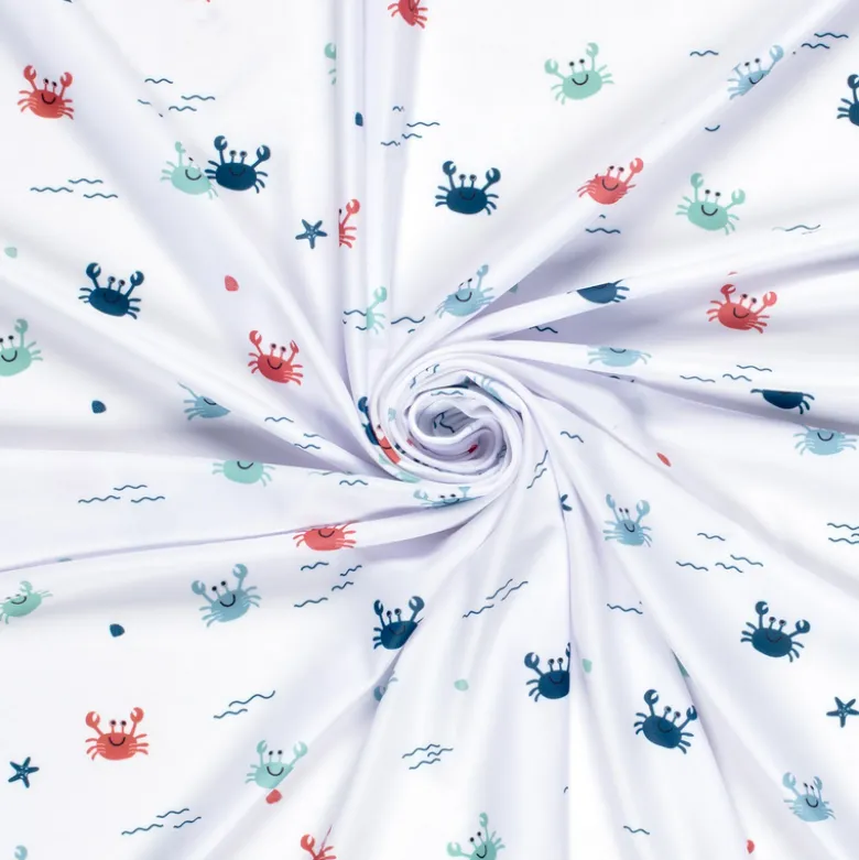 Tissu maillot de bain motif crabes fond blanc - OEKO TEX