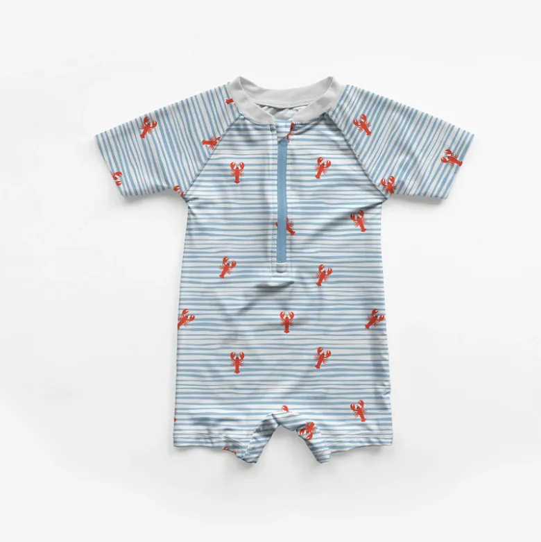 Tissu maillot de bain - Rayures et crabes bleu et rouge - OEKO TEX