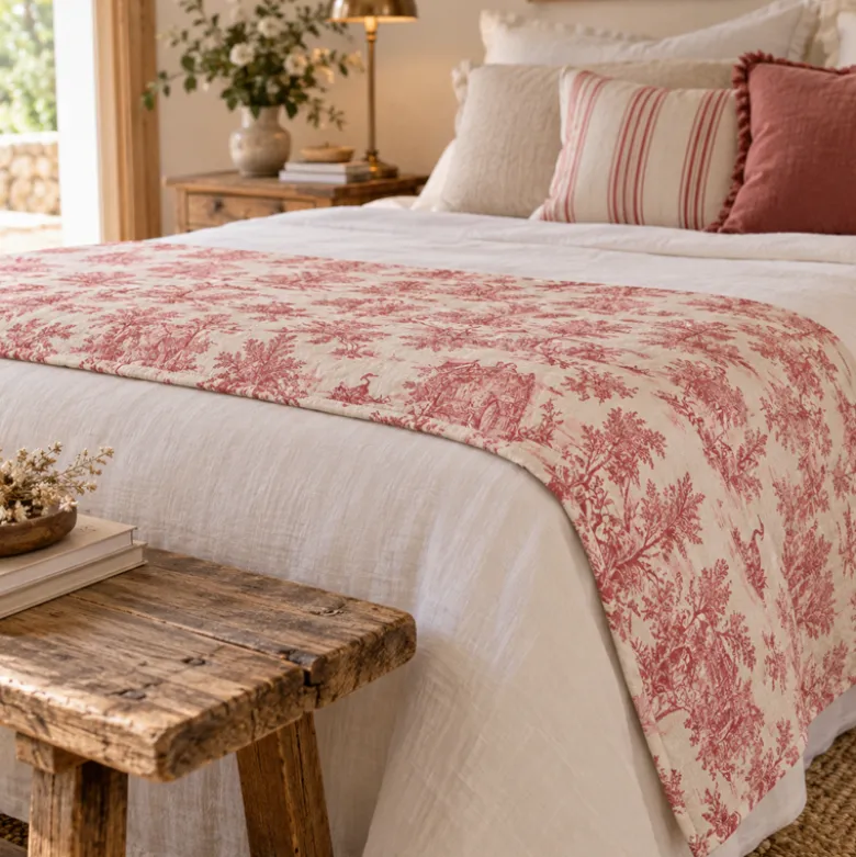 Tissu Matelassé coton vertical Toile de Jouy Bleu et lin