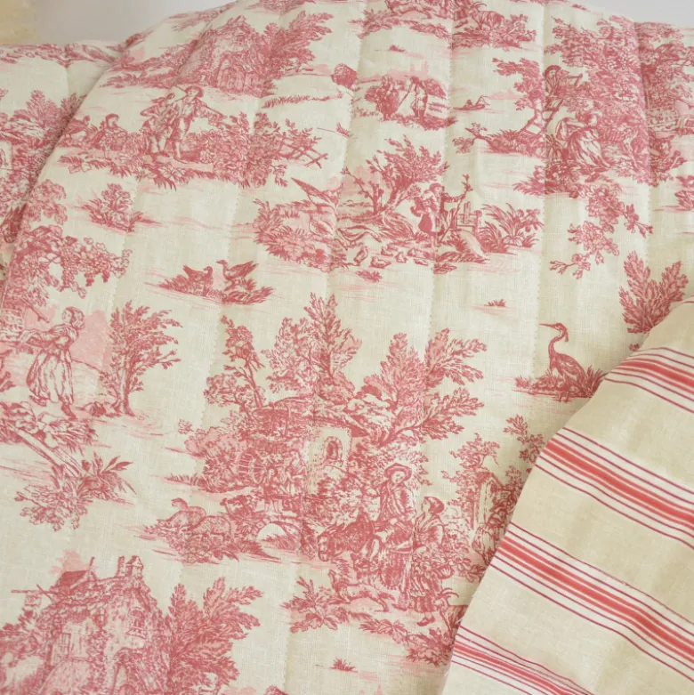 Tissu Matelassé coton vertical Toile de Jouy Bleu et lin