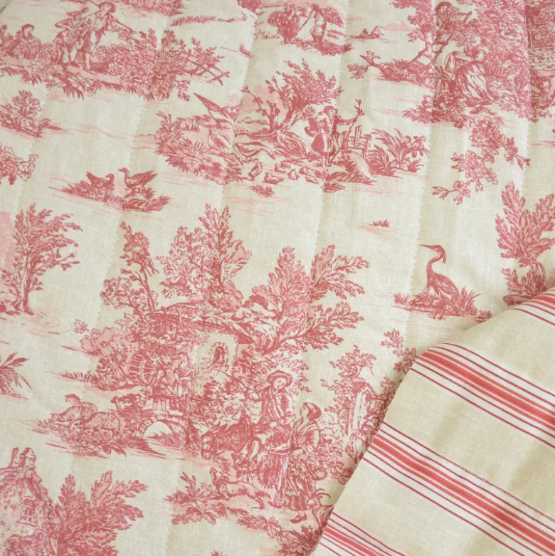 Tissu Matelassé coton vertical Toile de Jouy Bleu et lin