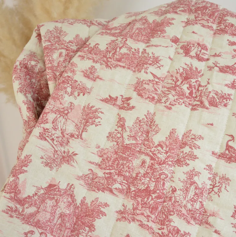 Tissu Matelassé coton vertical Toile de Jouy Bleu et lin