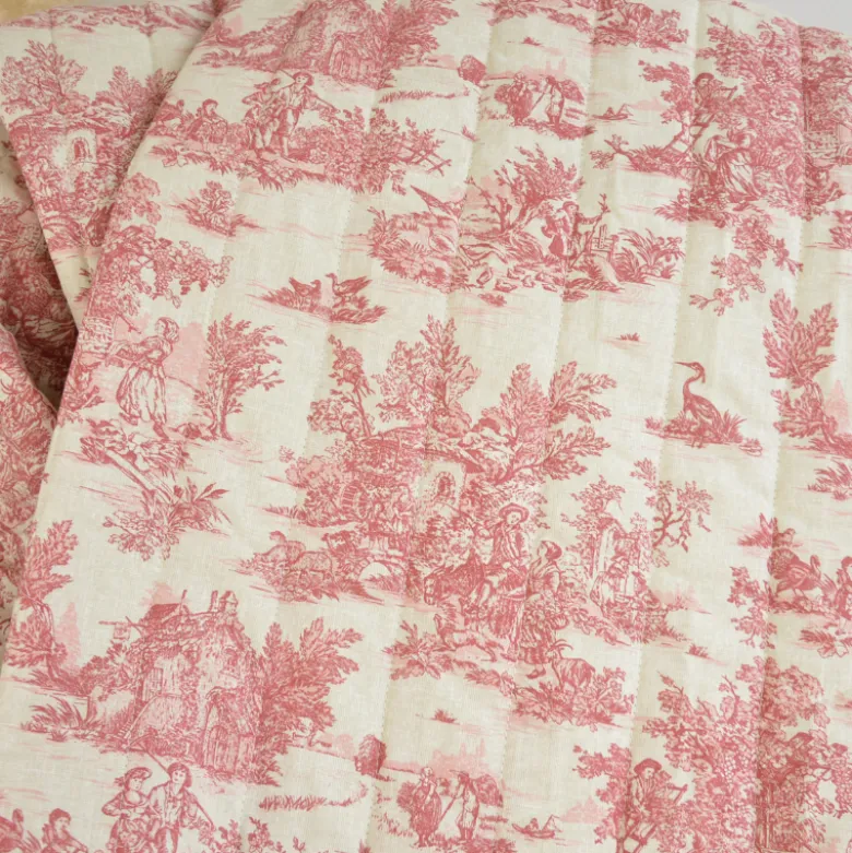 Tissu Matelassé coton vertical Toile de Jouy Bleu et lin