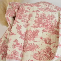 Tissu Matelassé coton vertical Toile de Jouy Bleu et lin