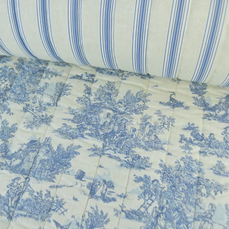 Tissu Matelassé coton vertical Toile de Jouy Bleu et lin