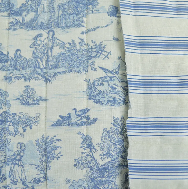 Tissu Matelassé coton vertical Toile de Jouy Bleu et lin