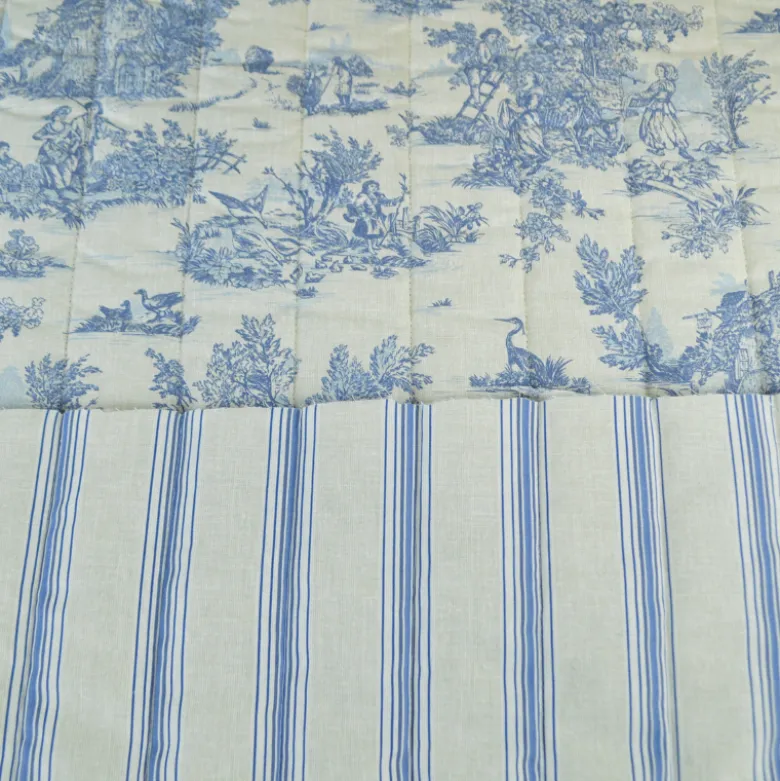 Tissu Matelassé coton vertical Toile de Jouy Bleu et lin