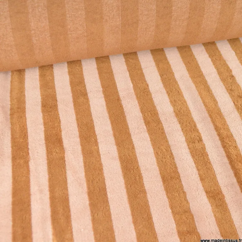 Tissu micro éponge de bambou à rayures Skin et Caramel