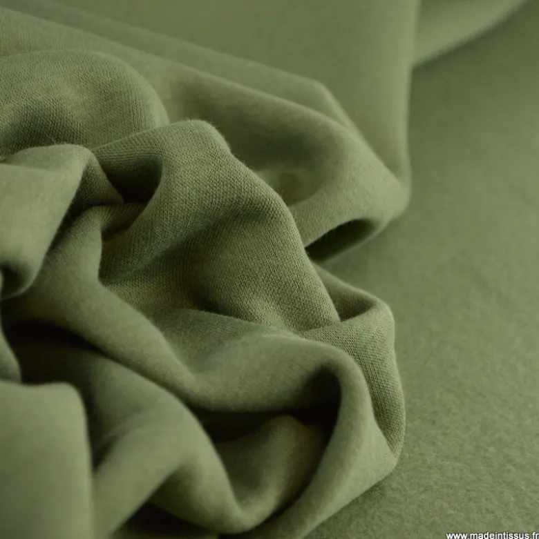 Tissu molleton sweat uni vert kaki clair - OEKO TEX