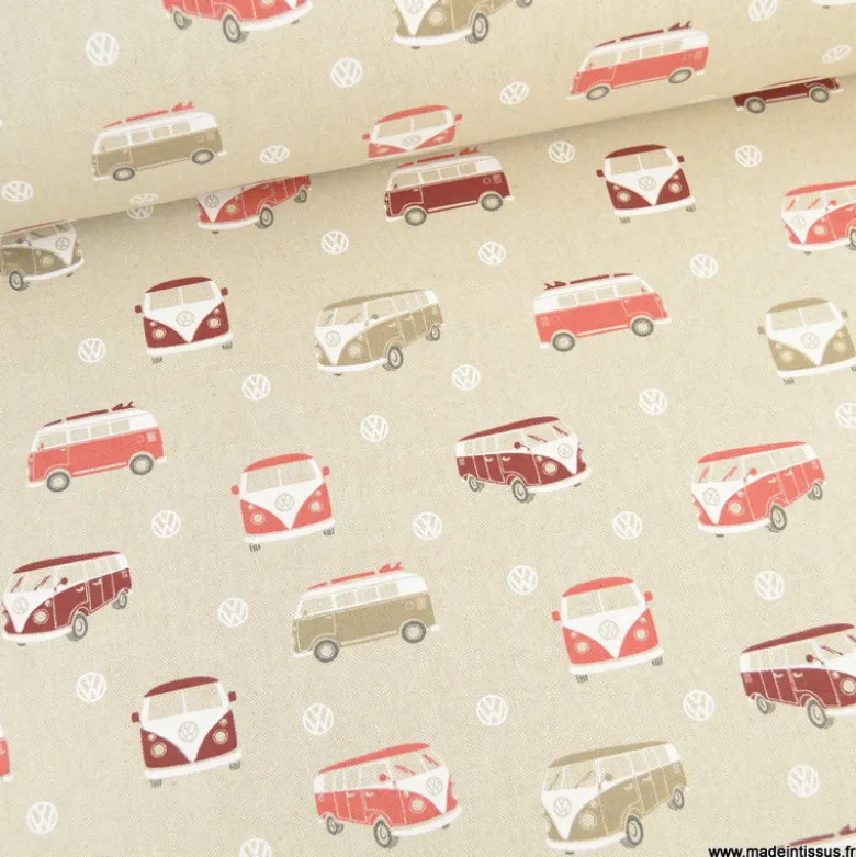 Tissu natté aspect lin motif vans rouge envers mousse- Exclusivité