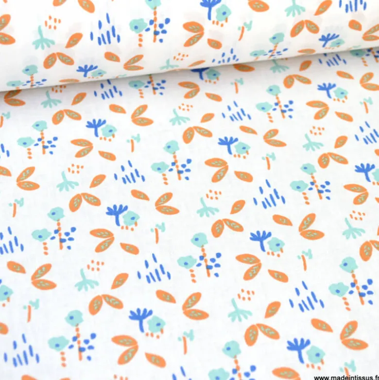 Tissu OEKO TEX coton Fuzy Cognac et menthe fond blanc