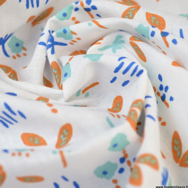 Tissu OEKO TEX coton Fuzy Cognac et menthe fond blanc