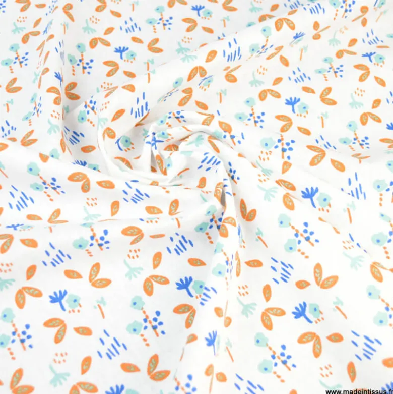 Tissu OEKO TEX coton Fuzy Cognac et menthe fond blanc