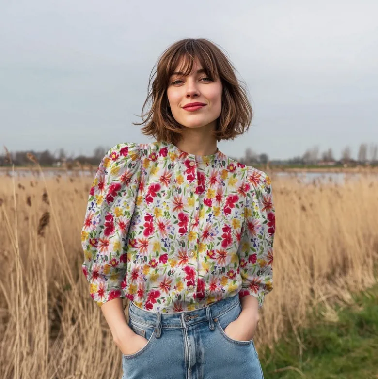 Tissu plumetis de viscose fleurs roses, jaunes et vertes – Fond blanc