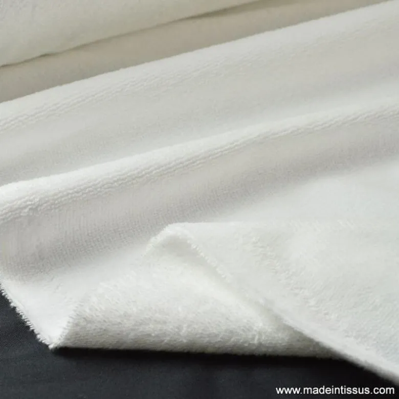 Tissu éponge blanc, 1 face velours - 1 face éponge. Ultra douce - OEKO TEX