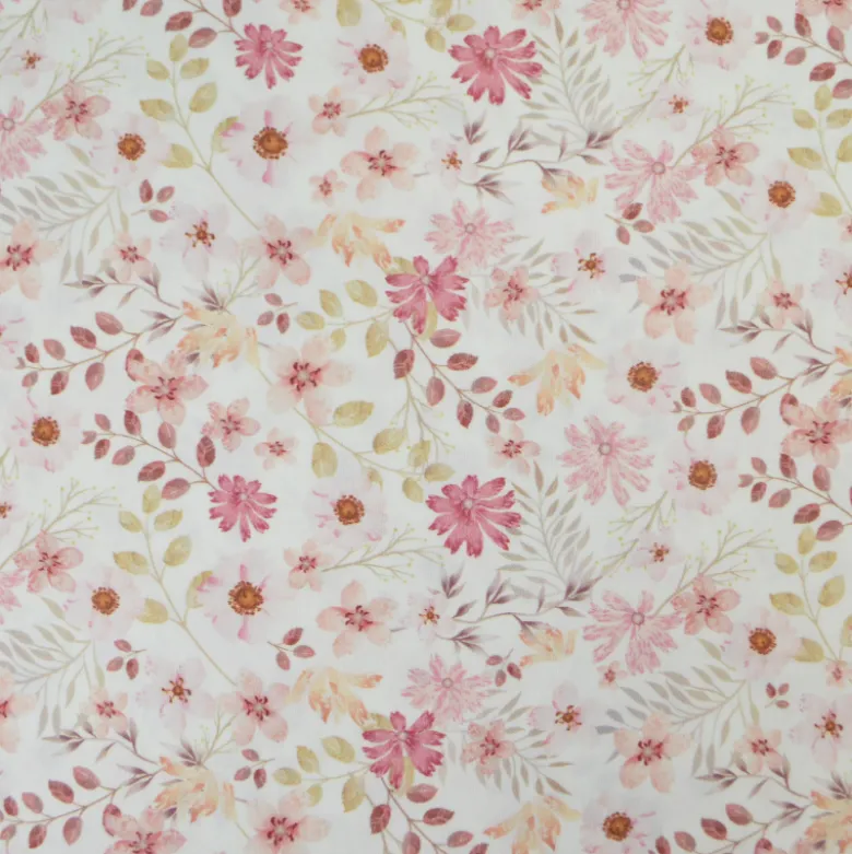 Tissu popeline Ambroise fleurs pastel roses fond blanc cassé