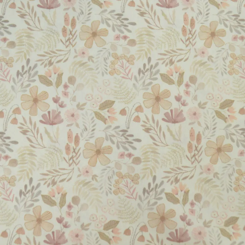 Tissu popeline Aurélien fleurs et plantes beige et rose fond blanc cassé
