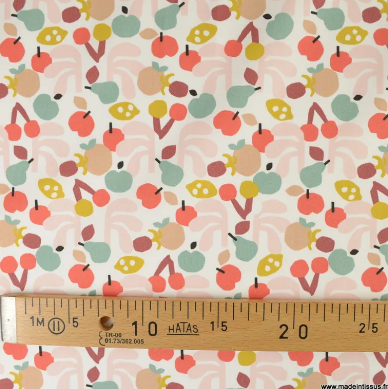 Tissu popeline Cancun motif fruits fond rose