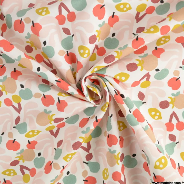 Tissu popeline Cancun motif fruits fond rose