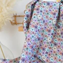 Tissu popeline coton fleurs parme, menthe et corail - OEKO TEX