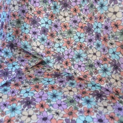 Tissu popeline coton fleurs parme, menthe et corail - OEKO TEX